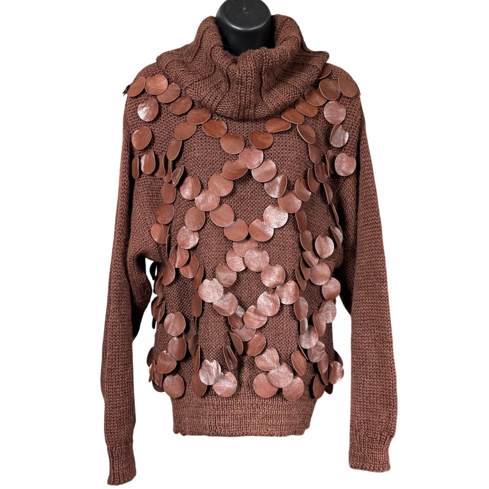 Vtg 90s Wool Alpaca Leather Sweater Sz M Brown Boho‎ Luxe Festival Embellished - Picture 2 of 9